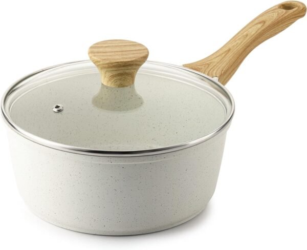 White Ceramic Nonstick Saucepan with Lid 1.5QT, Small Cooking Pot with Stay Cool Handle, Induction Compatible Soup Pot, PFOA/PFAS Free