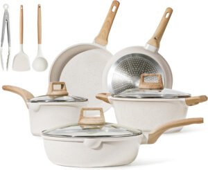 Pots and Pans Set Nonstick, White Granite Induction Kitchen Cookware Sets, 11 Pcs Non Stick Cooking Set w/Frying Pans & Saucepans(PFOS, PFOA Free)