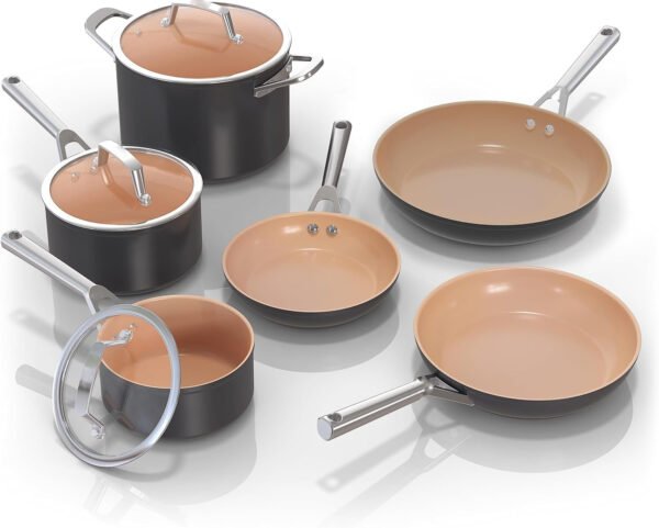 Extended Life Premium Ceramic Cookware 9 Piece Pots & Pans Set, Nonstick, PFAS Free, Ceramic Coated, Oven Safe to 550??F, All Stovetops & Induction Compatible