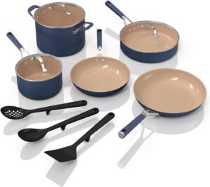 Ceramic 11-Piece Cookware Set with Comfort Grip, Nonstick Fry Pans, Pots, PFAS Free, Oven Safe, Dishwasher Safe, All Stovetops & Induction Compatible