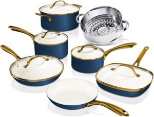 12 Pc Ceramic Pots and Pans Set Non Stick, Kitchen Cookware Sets, Pot and Pan Set, Ceramic Cookware Set, Non Toxic Cookware Set, Non Stick Pots and Pan Set, Dishwasher Safe - Cream Navy??