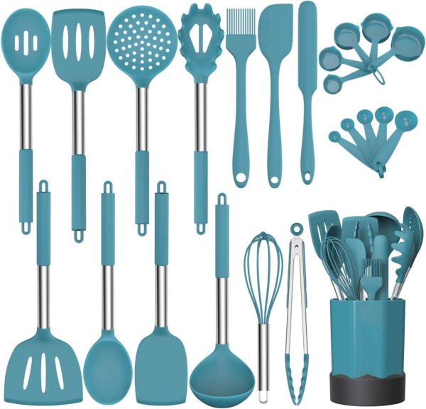 Silicone Cooking Utensil Set,Non-stick Kitchen 24 Pcs Cookware, Heat Resistant , Silicone Kitchen Tools Gift with Stainless Steel Handle