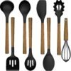 Silicone Cooking Utensil Set, 8-Piece Kitchen Set with Natural Acacia Wooden Handles,Food-Grade Silicone Heads-Silicone Kitchen Gadgets Spatulas Set for Nonstick Cookware- Black