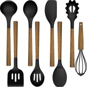 Silicone Cooking Utensil Set, 8-Piece Kitchen Set with Natural Acacia Wooden Handles,Food-Grade Silicone Heads-Silicone Kitchen Gadgets Spatulas Set for Nonstick Cookware- Black