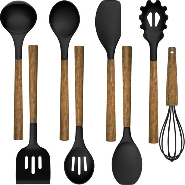 Silicone Cooking Utensil Set, 8-Piece Kitchen Set with Natural Acacia Wooden Handles,Food-Grade Silicone Heads-Silicone Kitchen Gadgets Spatulas Set for Nonstick Cookware- Black