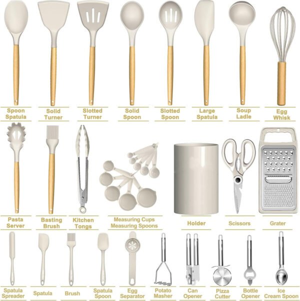 Kitchen Utensils Set- 34PCS Silicone Cooking Utensils with Holder, Heat Resistant Kitchen Utensil Spatula Set for Nonstick Cookware, Black Wooden Handles Kitchen Gadgets Tools Set