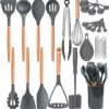 Kitchen Utensils Set, 33 Pcs Non-Stick Silicone Cooking Utensils Set with Holder, 446??F Heat Resistant, Nontoxic BPA Free Kitchen Gadgets, Wooden Handle Kitchen Utensils