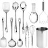 Stainless Steel Kitchen Utensil Set - 10-piece premium Nonstick & Heat Resistant Kitchen Gadgets, Turner, Spaghetti Server, Ladle, Serving Spoons, Whisk, Tongs, Masher & Utensil Holder