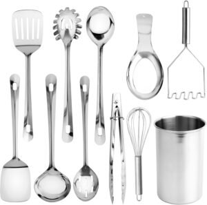 Stainless Steel Kitchen Utensil Set - 10-piece premium Nonstick & Heat Resistant Kitchen Gadgets, Turner, Spaghetti Server, Ladle, Serving Spoons, Whisk, Tongs, Masher & Utensil Holder