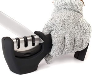 4-in-1 Kitchen Knife Accessories: 3-Stage Knife Sharpener Helps Repair, Restore, Polish Blades and Cut-Resistant Glove