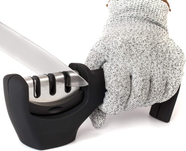 4-in-1 Kitchen Knife Accessories: 3-Stage Knife Sharpener Helps Repair, Restore, Polish Blades and Cut-Resistant Glove