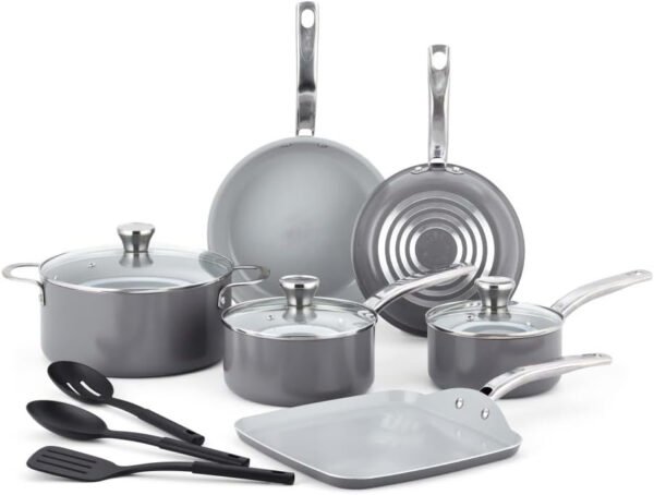 Recycled Ceramic Nonstick Cookware Set, 12 Piece, Oven Broiler Safe 500F, Lid Safe 350F Pots and Pans