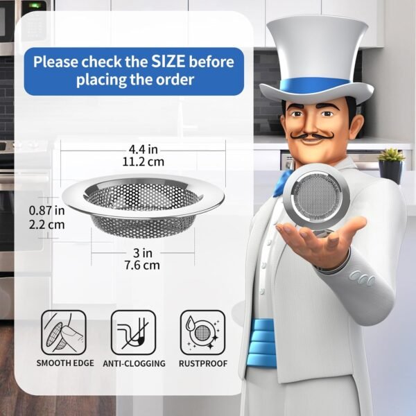 Kitchen Sink Strainer, Stainless Steel Sink Drain Strainer, Dishwasher Safe, Outer Diameter4.4 inch/11.2cm, Inner Diameter 3 inch/7.6cm, Pack of 3
