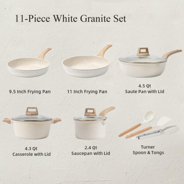 Pots and Pans Set Nonstick, White Granite Induction Kitchen Cookware Sets, 11 Pcs Non Stick Cooking Set w/Frying Pans & Saucepans(PFOS, PFOA Free)