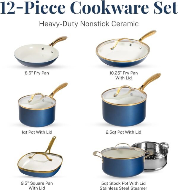 12 Pc Ceramic Pots and Pans Set Non Stick, Kitchen Cookware Sets, Pot and Pan Set, Ceramic Cookware Set, Non Toxic Cookware Set, Non Stick Pots and Pan Set, Dishwasher Safe - Cream Navy??