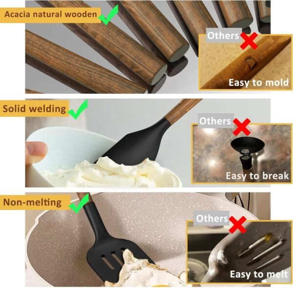 Silicone Cooking Utensil Set, 8-Piece Kitchen Set with Natural Acacia Wooden Handles,Food-Grade Silicone Heads-Silicone Kitchen Gadgets Spatulas Set for Nonstick Cookware- Black