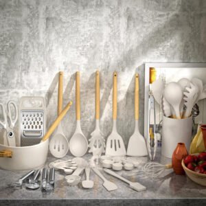 Kitchen Utensils Set- 34PCS Silicone Cooking Utensils with Holder, Heat Resistant Kitchen Utensil Spatula Set for Nonstick Cookware, Black Wooden Handles Kitchen Gadgets Tools Set