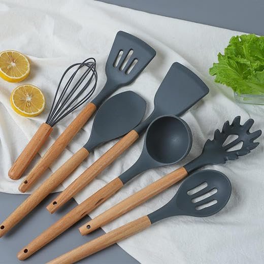 Kitchen Utensils Set, 33 Pcs Non-Stick Silicone Cooking Utensils Set with Holder, 446??F Heat Resistant, Nontoxic BPA Free Kitchen Gadgets, Wooden Handle Kitchen Utensils