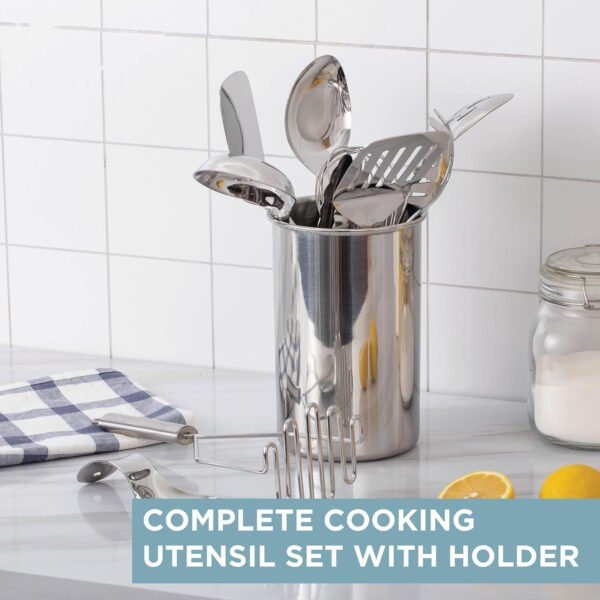 Stainless Steel Kitchen Utensil Set - 10-piece premium Nonstick & Heat Resistant Kitchen Gadgets, Turner, Spaghetti Server, Ladle, Serving Spoons, Whisk, Tongs, Masher & Utensil Holder