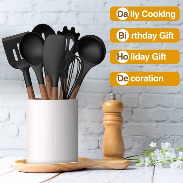 Silicone Cooking Utensil Set, 8-Piece Kitchen Set with Natural Acacia Wooden Handles,Food-Grade Silicone Heads-Silicone Kitchen Gadgets Spatulas Set for Nonstick Cookware- Black