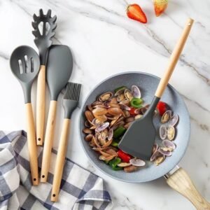 Kitchen Utensils Set, 33 Pcs Non-Stick Silicone Cooking Utensils Set with Holder, 446??F Heat Resistant, Nontoxic BPA Free Kitchen Gadgets, Wooden Handle Kitchen Utensils