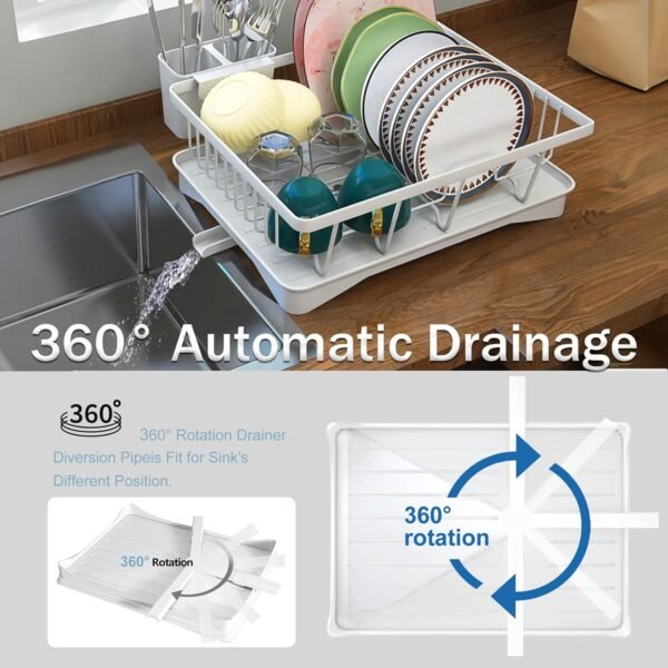 Dish Drying Rack, Large-Capacity Dish Rack with Automatic Drainboard, Dish Racks for Kitchen Counter, Durable Drying Rack for Countertop, Dish Drainer with Utensil Holder for Dishes, Spoons