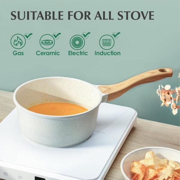 White Ceramic Nonstick Saucepan with Lid 1.5QT, Small Cooking Pot with Stay Cool Handle, Induction Compatible Soup Pot, PFOA/PFAS Free