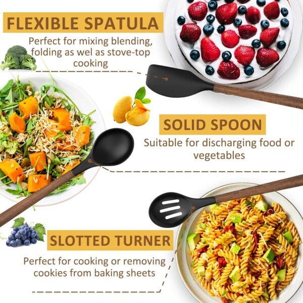 Silicone Cooking Utensil Set, 8-Piece Kitchen Set with Natural Acacia Wooden Handles,Food-Grade Silicone Heads-Silicone Kitchen Gadgets Spatulas Set for Nonstick Cookware- Black