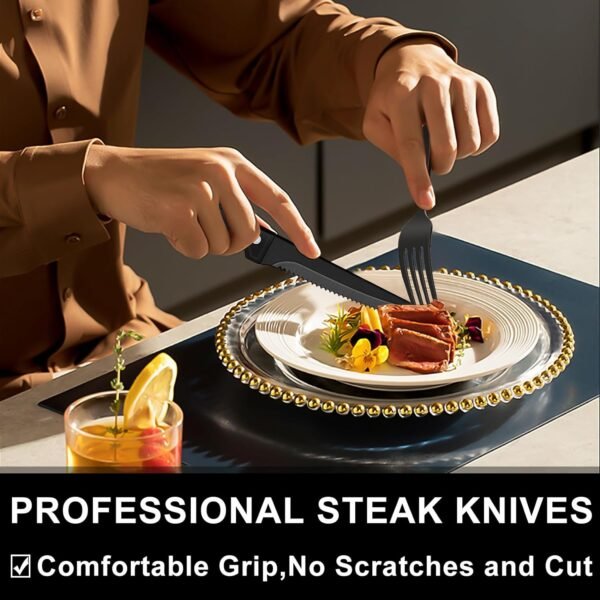 24-Piece Black Silverware Set with Steak Knives, Black Flatware Set for 4, Food-Grade Stainless Steel Tableware Cutlery Set, Mirror Finished Utensil Sets for Home Restaurant
