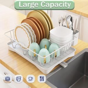 Dish Drying Rack, Large-Capacity Dish Rack with Automatic Drainboard, Dish Racks for Kitchen Counter, Durable Drying Rack for Countertop, Dish Drainer with Utensil Holder for Dishes, Spoons