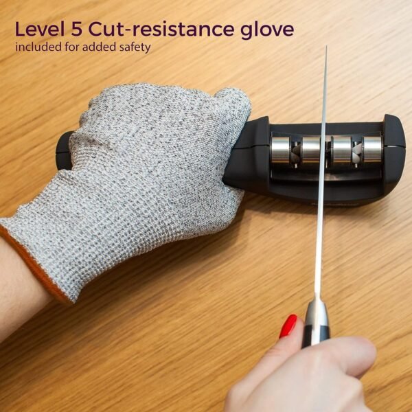 4-in-1 Kitchen Knife Accessories: 3-Stage Knife Sharpener Helps Repair, Restore, Polish Blades and Cut-Resistant Glove