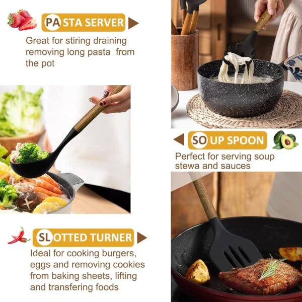 Silicone Cooking Utensil Set, 8-Piece Kitchen Set with Natural Acacia Wooden Handles,Food-Grade Silicone Heads-Silicone Kitchen Gadgets Spatulas Set for Nonstick Cookware- Black