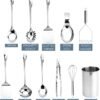 Stainless Steel Kitchen Utensil Set - 10-piece premium Nonstick & Heat Resistant Kitchen Gadgets, Turner, Spaghetti Server, Ladle, Serving Spoons, Whisk, Tongs, Masher & Utensil Holder