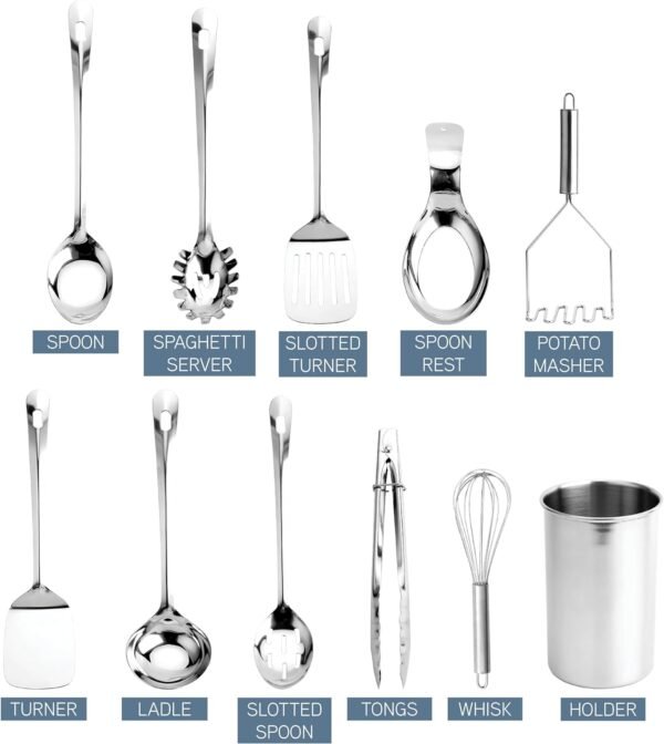 Stainless Steel Kitchen Utensil Set - 10-piece premium Nonstick & Heat Resistant Kitchen Gadgets, Turner, Spaghetti Server, Ladle, Serving Spoons, Whisk, Tongs, Masher & Utensil Holder