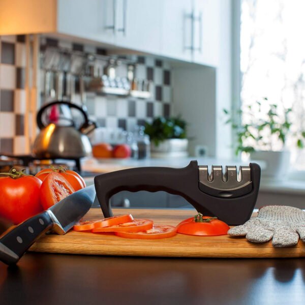 4-in-1 Kitchen Knife Accessories: 3-Stage Knife Sharpener Helps Repair, Restore, Polish Blades and Cut-Resistant Glove