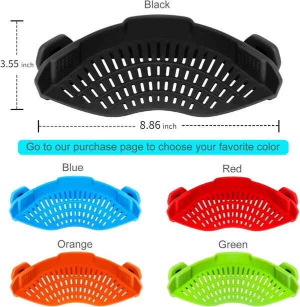 Clip On Strainer Silicone for All Pots and Pans, Pasta Strainer Clip on Food Strainer for Meat Vegetables Fruit Silicone Kitchen Colander