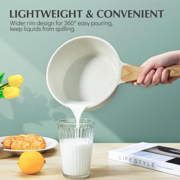 White Ceramic Nonstick Saucepan with Lid 1.5QT, Small Cooking Pot with Stay Cool Handle, Induction Compatible Soup Pot, PFOA/PFAS Free