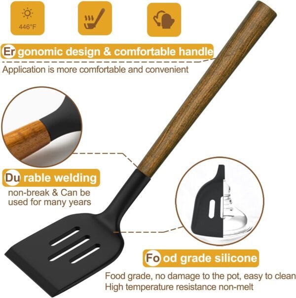 Silicone Cooking Utensil Set, 8-Piece Kitchen Set with Natural Acacia Wooden Handles,Food-Grade Silicone Heads-Silicone Kitchen Gadgets Spatulas Set for Nonstick Cookware- Black