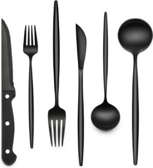24-Piece Black Silverware Set with Steak Knives, Black Flatware Set for 4, Food-Grade Stainless Steel Tableware Cutlery Set, Mirror Finished Utensil Sets for Home Restaurant