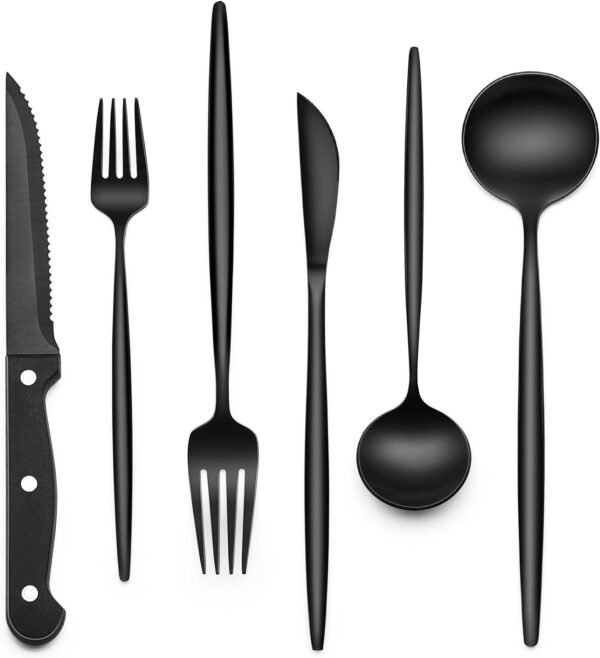 24-Piece Black Silverware Set with Steak Knives, Black Flatware Set for 4, Food-Grade Stainless Steel Tableware Cutlery Set, Mirror Finished Utensil Sets for Home Restaurant