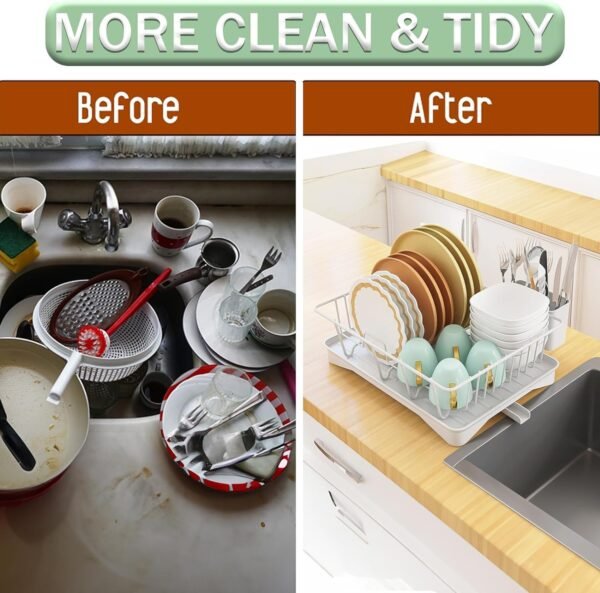 Dish Drying Rack, Large-Capacity Dish Rack with Automatic Drainboard, Dish Racks for Kitchen Counter, Durable Drying Rack for Countertop, Dish Drainer with Utensil Holder for Dishes, Spoons