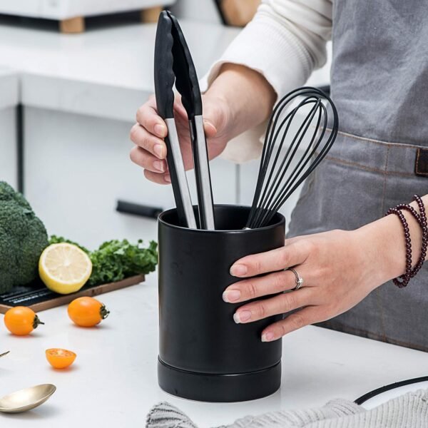 Large Rustic Black Ceramic Utensil Holder - Rooster Design Cooking Utensil Caddy for Farmhouse Kitchen Decor - Dishwasher-Friendly Countertop Organizer
