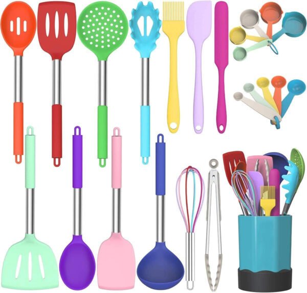 Silicone Cooking Utensil Set,Non-stick Kitchen 24 Pcs Cookware, Heat Resistant , Silicone Kitchen Tools Gift with Stainless Steel Handle