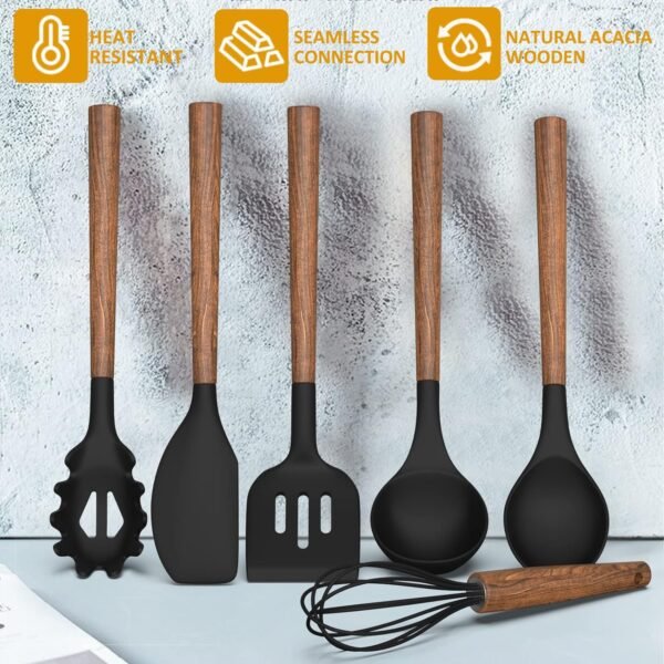 Silicone Cooking Utensil Set, 8-Piece Kitchen Set with Natural Acacia Wooden Handles,Food-Grade Silicone Heads-Silicone Kitchen Gadgets Spatulas Set for Nonstick Cookware- Black