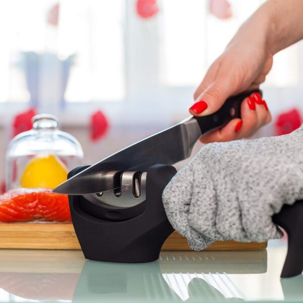 4-in-1 Kitchen Knife Accessories: 3-Stage Knife Sharpener Helps Repair, Restore, Polish Blades and Cut-Resistant Glove