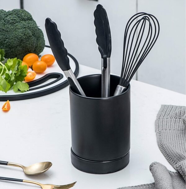 Large Rustic Black Ceramic Utensil Holder - Rooster Design Cooking Utensil Caddy for Farmhouse Kitchen Decor - Dishwasher-Friendly Countertop Organizer