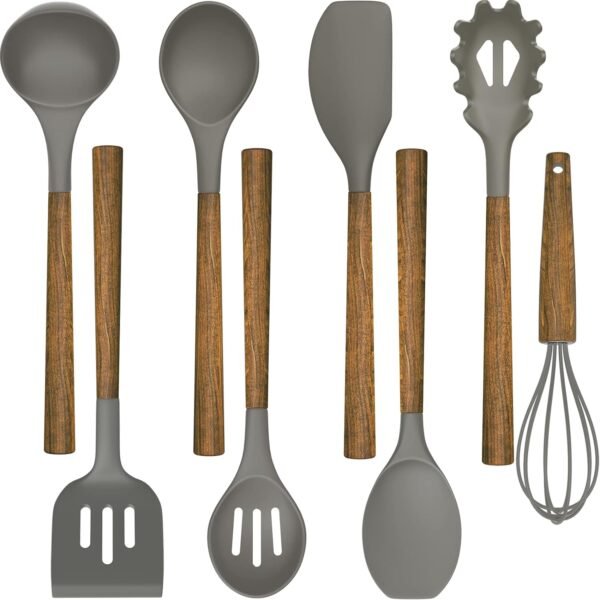 Silicone Cooking Utensil Set, 8-Piece Kitchen Set with Natural Acacia Wooden Handles,Food-Grade Silicone Heads-Silicone Kitchen Gadgets Spatulas Set for Nonstick Cookware- Black