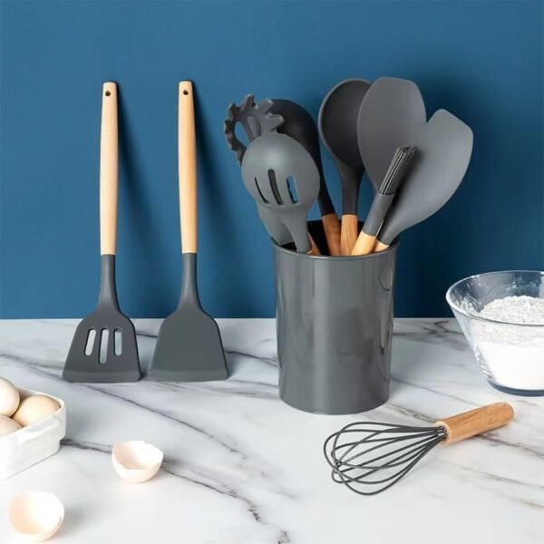 Kitchen Utensils Set, 33 Pcs Non-Stick Silicone Cooking Utensils Set with Holder, 446??F Heat Resistant, Nontoxic BPA Free Kitchen Gadgets, Wooden Handle Kitchen Utensils