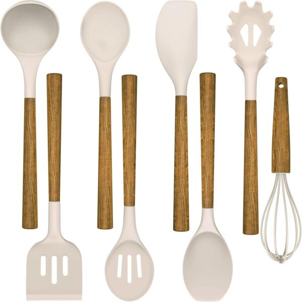 Silicone Cooking Utensil Set, 8-Piece Kitchen Set with Natural Acacia Wooden Handles,Food-Grade Silicone Heads-Silicone Kitchen Gadgets Spatulas Set for Nonstick Cookware- Black